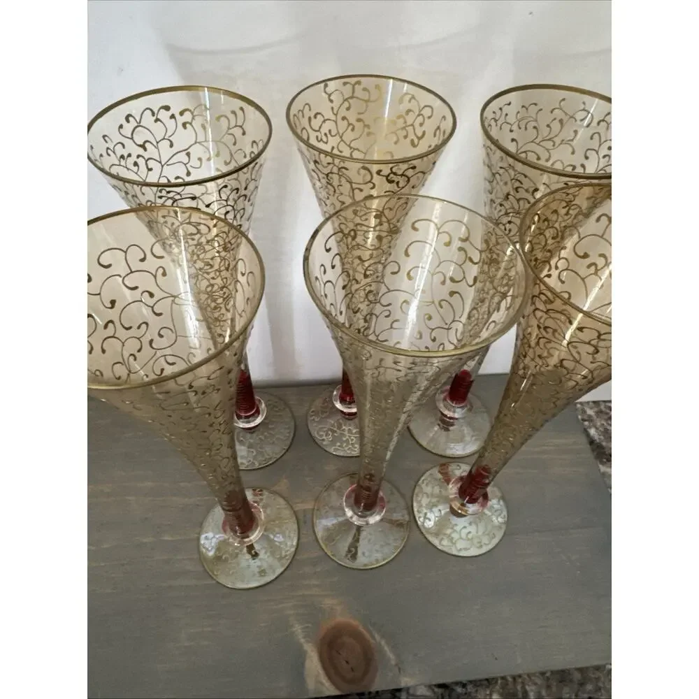 Pier 1 Rioja Hand Blown Champagne Flutes Ruby Red Stem Gold Scroll Set Of 6 Rare